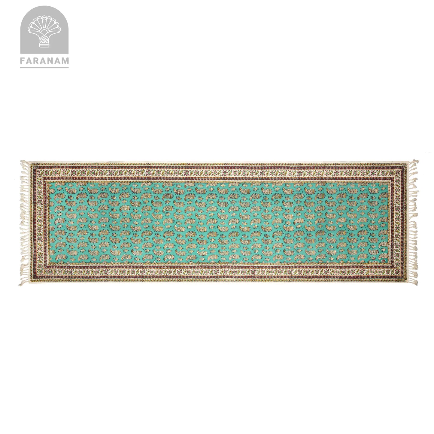 Faranam luxury turquoise runner rug with intricate floral pattern and detailed borders