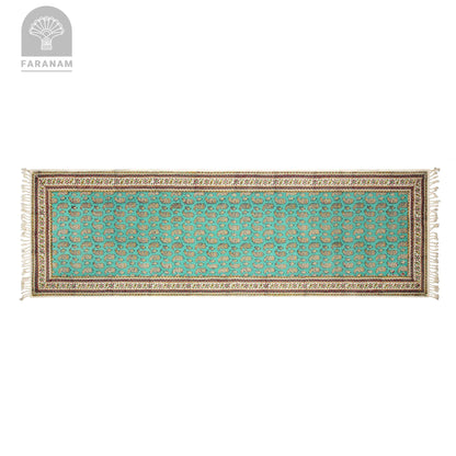 Faranam luxury turquoise runner rug with intricate floral pattern and detailed borders