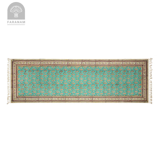 Faranam luxury turquoise runner rug with intricate floral pattern and detailed borders