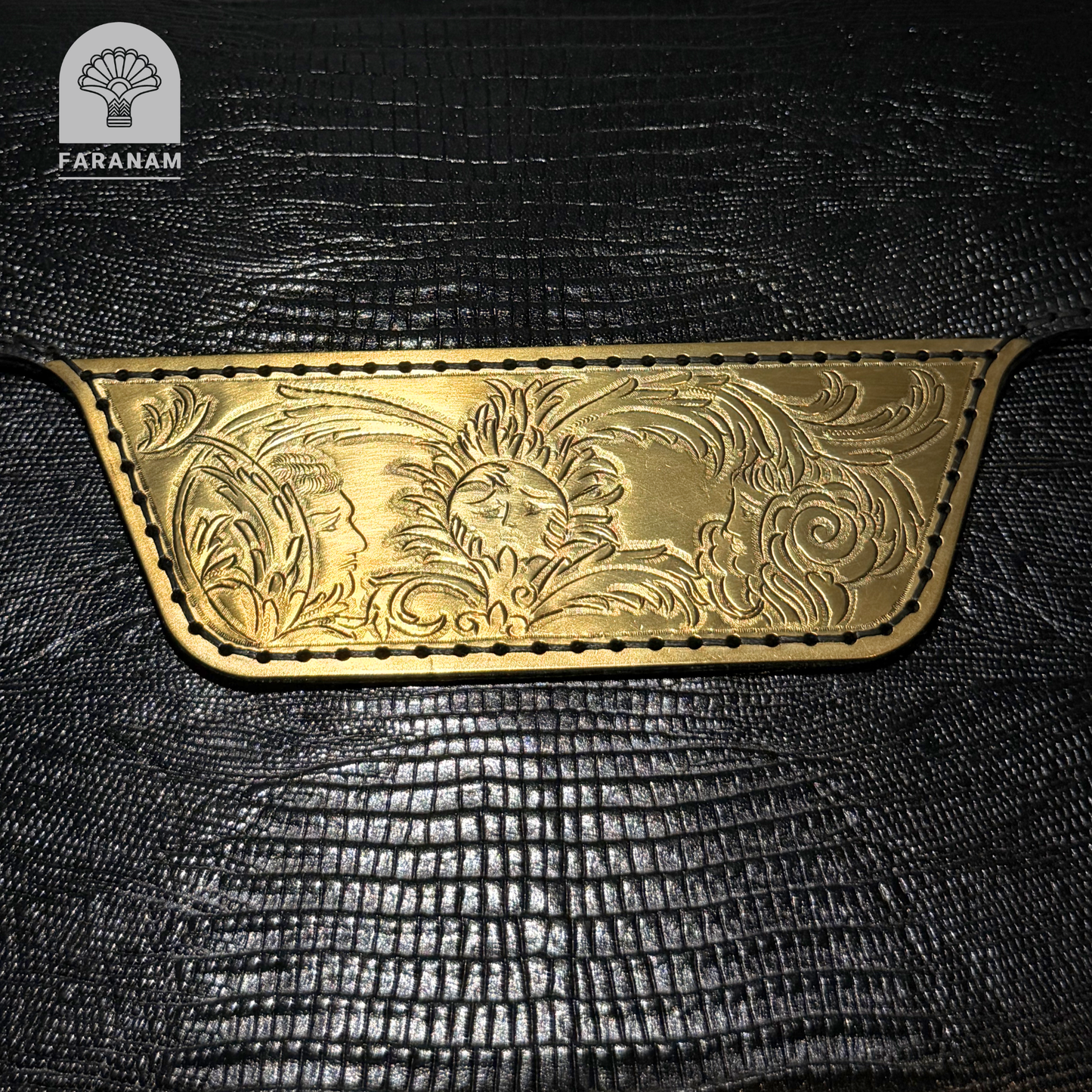 Vala Hand Etched Leather Clutch, Handmade, Designed by Faranam Studio