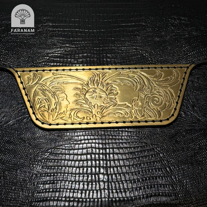 Vala Hand Etched Leather Clutch, Handmade, Designed by Faranam Studio