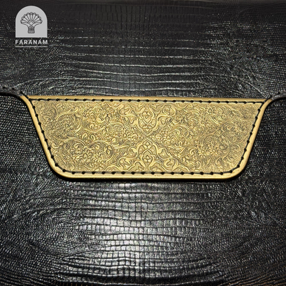 Vala Hand Etched Leather Clutch, Handmade, Designed by Faranam Studio