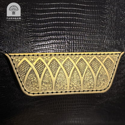 Vala Hand Etched Leather Clutch, Handmade, Designed by Faranam Studio