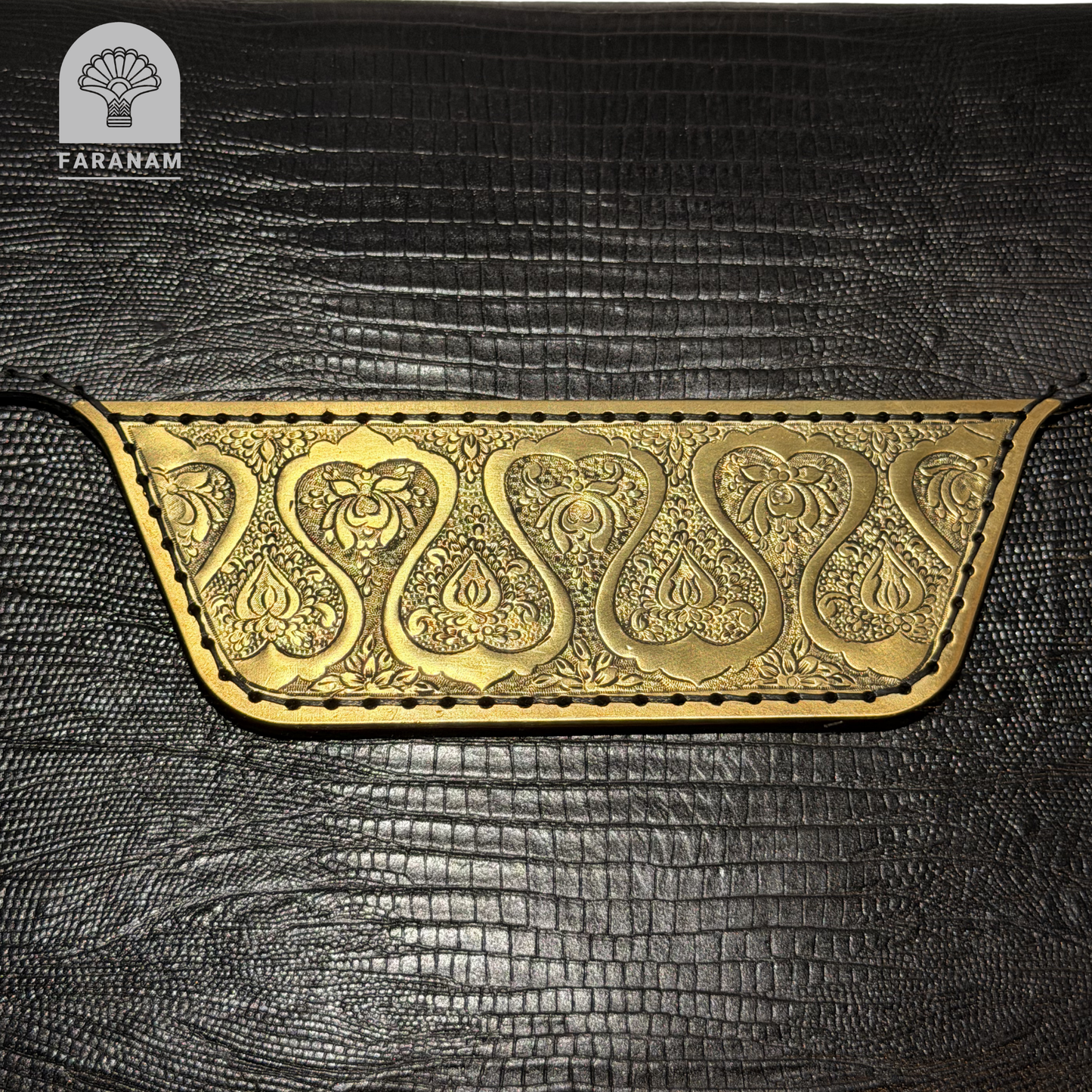 Vala Hand Etched Leather Clutch, Handmade, Designed by Faranam Studio