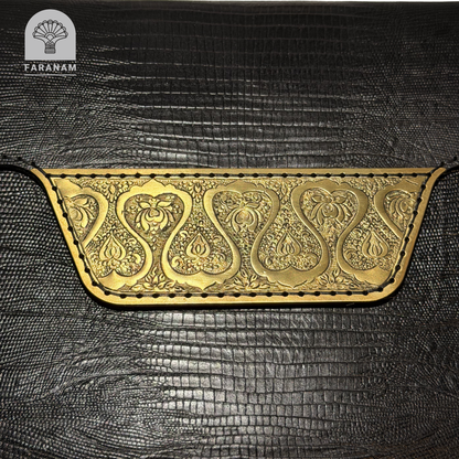 Vala Hand Etched Leather Clutch, Handmade, Designed by Faranam Studio