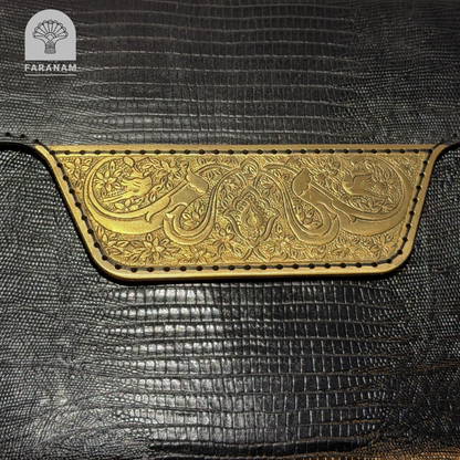Vala Hand Etched Leather Clutch, Handmade, Designed by Faranam Studio