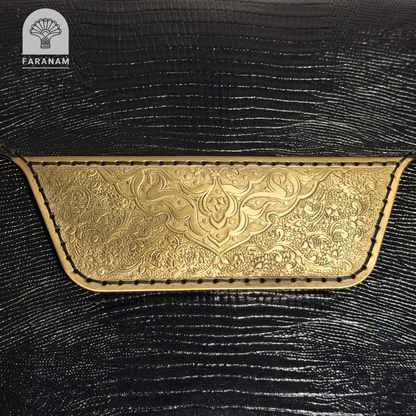 Vala Hand Etched Leather Clutch, Handmade, Designed by Faranam Studio