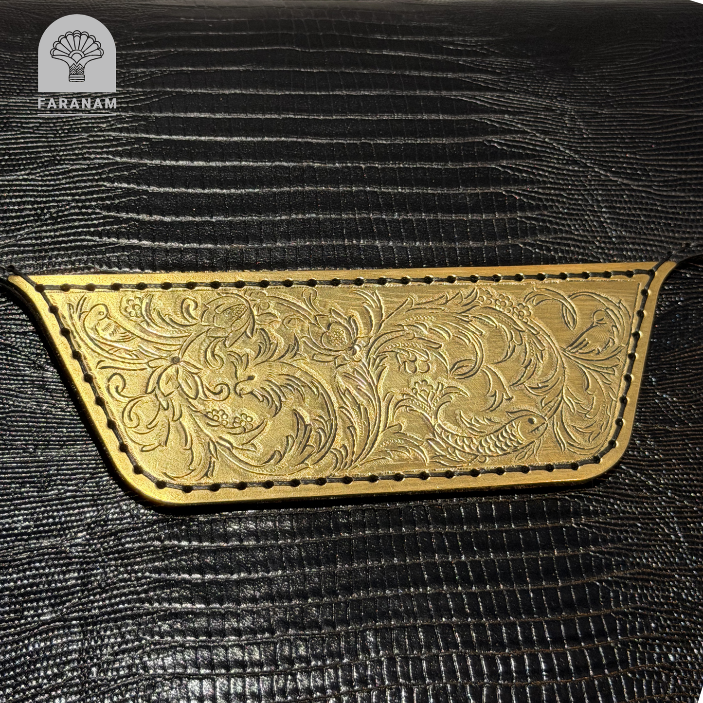 Vala Hand Etched Leather Clutch, Handmade, Designed by Faranam Studio