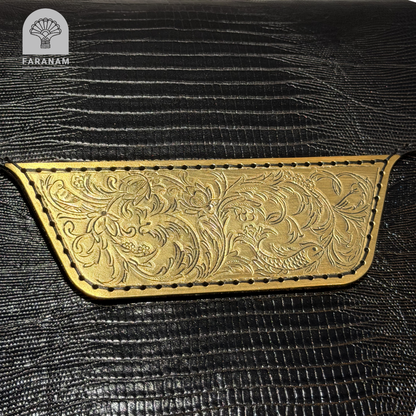 Vala Hand Etched Leather Clutch, Handmade, Designed by Faranam Studio