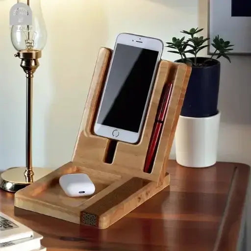 Compact Mosaic Desk Organizer & Phone Stand, Inlaid mosaic Art, Rubber Wood My Store