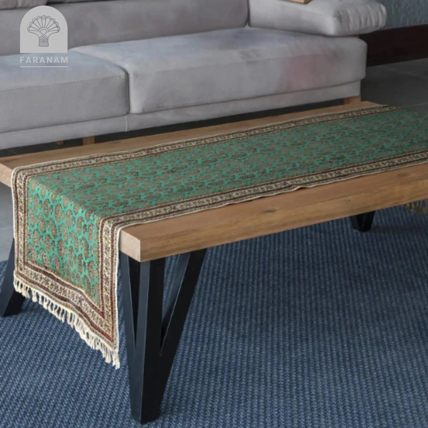 Luxury wooden coffee table with green patterned table runner, Faranam home décor.