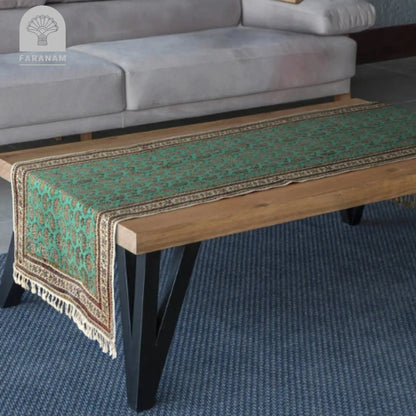 Luxury wooden coffee table with green patterned table runner, Faranam home décor.