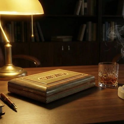 Vintage desk with leather-bound book, smoking accessories, and lamp in a dimly lit room.