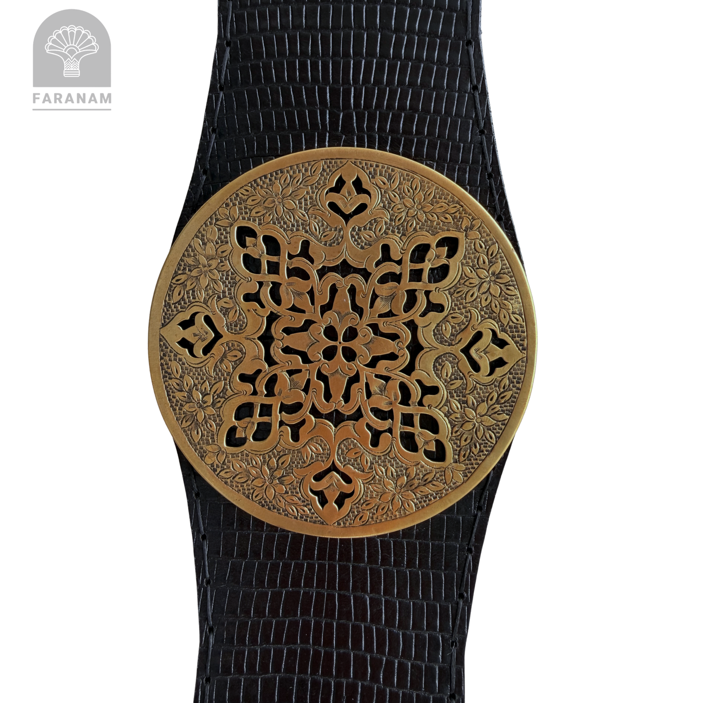 Simaj Imperial Medallion, Hand Etched Leather Waist Belt, Handmade, Designed by Faranam Studio