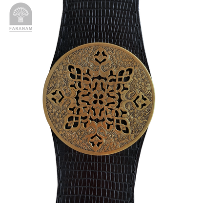 Simaj Imperial Medallion, Hand Etched Leather Waist Belt, Handmade, Designed by Faranam Studio