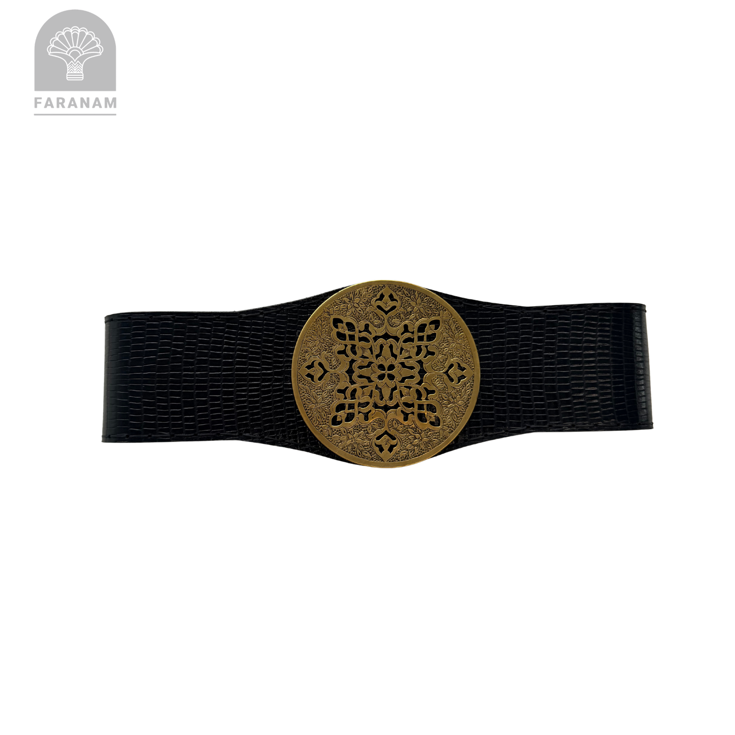 Simaj Imperial Medallion, Hand Etched Leather Waist Belt, Handmade, Designed by Faranam Studio