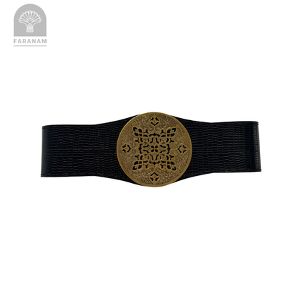 Simaj Imperial Medallion, Hand Etched Leather Waist Belt, Handmade, Designed by Faranam Studio