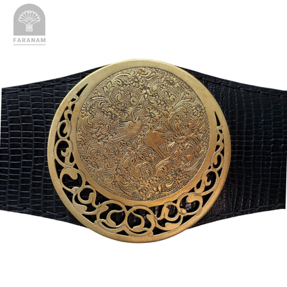 Simaj Nightingales, Hand Etched Leather Waist Belt, Handmade, Designed by Faranam Studio