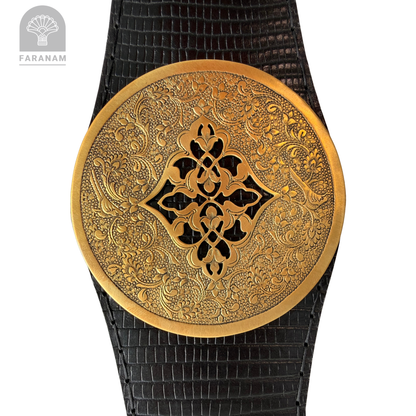 Simaj Rosette, Hand Etched Leather Waist Belt, Handmade, Designed by Faranam Studio