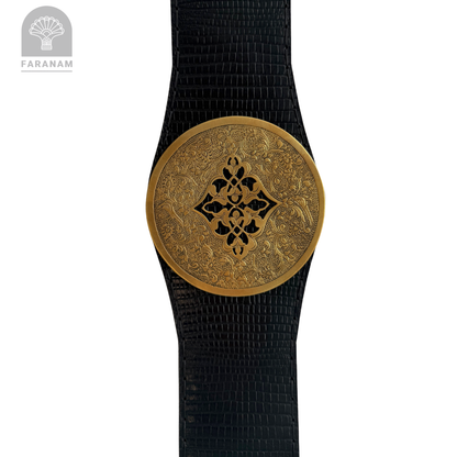Simaj Rosette, Hand Etched Leather Waist Belt, Handmade, Designed by Faranam Studio