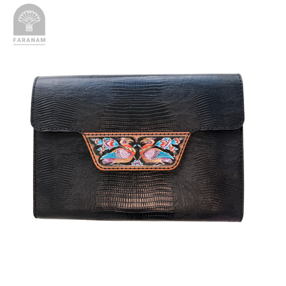 The Phoenix, Enameling Art Work, Leather Clutch, Handmade, Designed by Faranam Studio