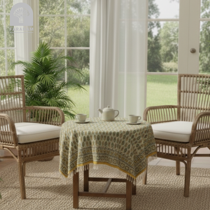 Saffron Leaf Square Hand-printed tablecloth, 2.5'x2.5'/3'x3'