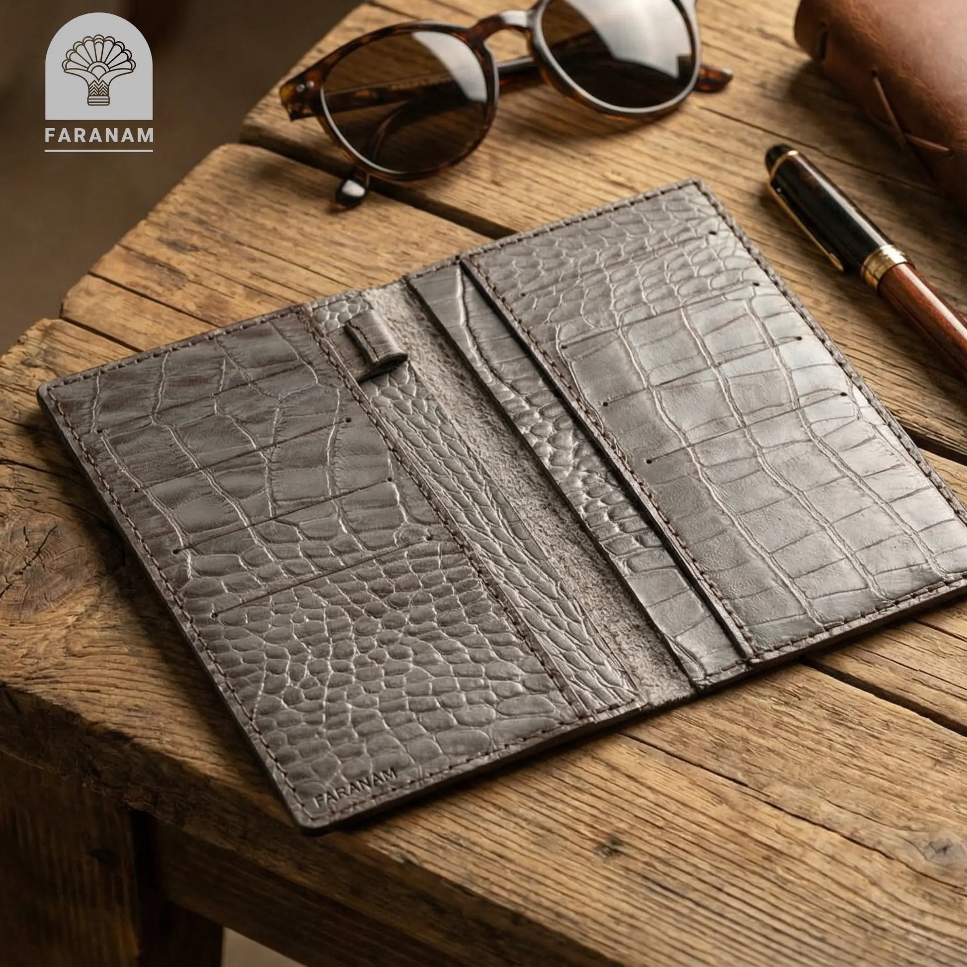 Asa Leather wallet, Genuine cowhide, Hand-stitched Faranam